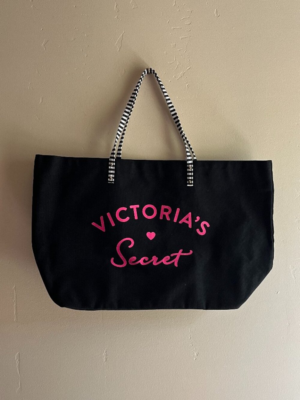 Victoria's Secret Black Canvas Beach travel Tote bag striped y2k glam oversized